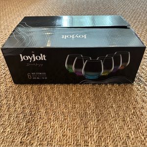 NWT JoyJolt Set of 6 Hue Colored Stemless Wine Glasses, 15 oz.